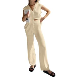 Tankaneo Womens Knit 2 Piece Outfits Sets Sleeveless Button Down Vest Tops Wide Leg Pants Lounge Set (Small, Apricot)