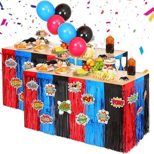 Reallnaive 2 Pack Spider Theme Table Skirt 30 x 108 Inch Foil Fringe Tinsel Table Skirts with Cutouts Tablecloth Cover for Birthday Party Decorations Party Supplies