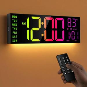 JALL 16.15 inch Large Digital Wall Clock, RGB Lights with Remote Control, Dual Alarms with Big LED Display, Auto DST, C / F Temperature for Classroom, Birthday Gift, Senior