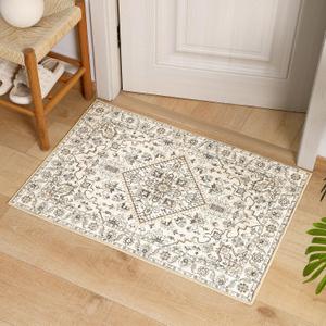 VK VKLIVING Entryway Washable Rug 2'x3' Small Boho Bathroom Throw Area Rug Non Slip Doormat Indoor Front Door Machine Washable Carpet for Bathroom Kitchen Vintage (Beige)
