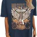 Oversized Rock Band T-Shirt Women Country Music Shirt Tops Nashville Music City Tshirt Vintage Guitar Wings Graphic Tees (Small, Navy Blue)
