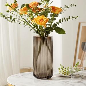 8 Inch Tall Ribbed Glass Vases for Flowers-Thick Amber Glass Flower Vase for Centerpieces Table, Shelves, Decorative Cylinder Vase for Home Decor, Living Room, Dining Room, Bathroom Vanity