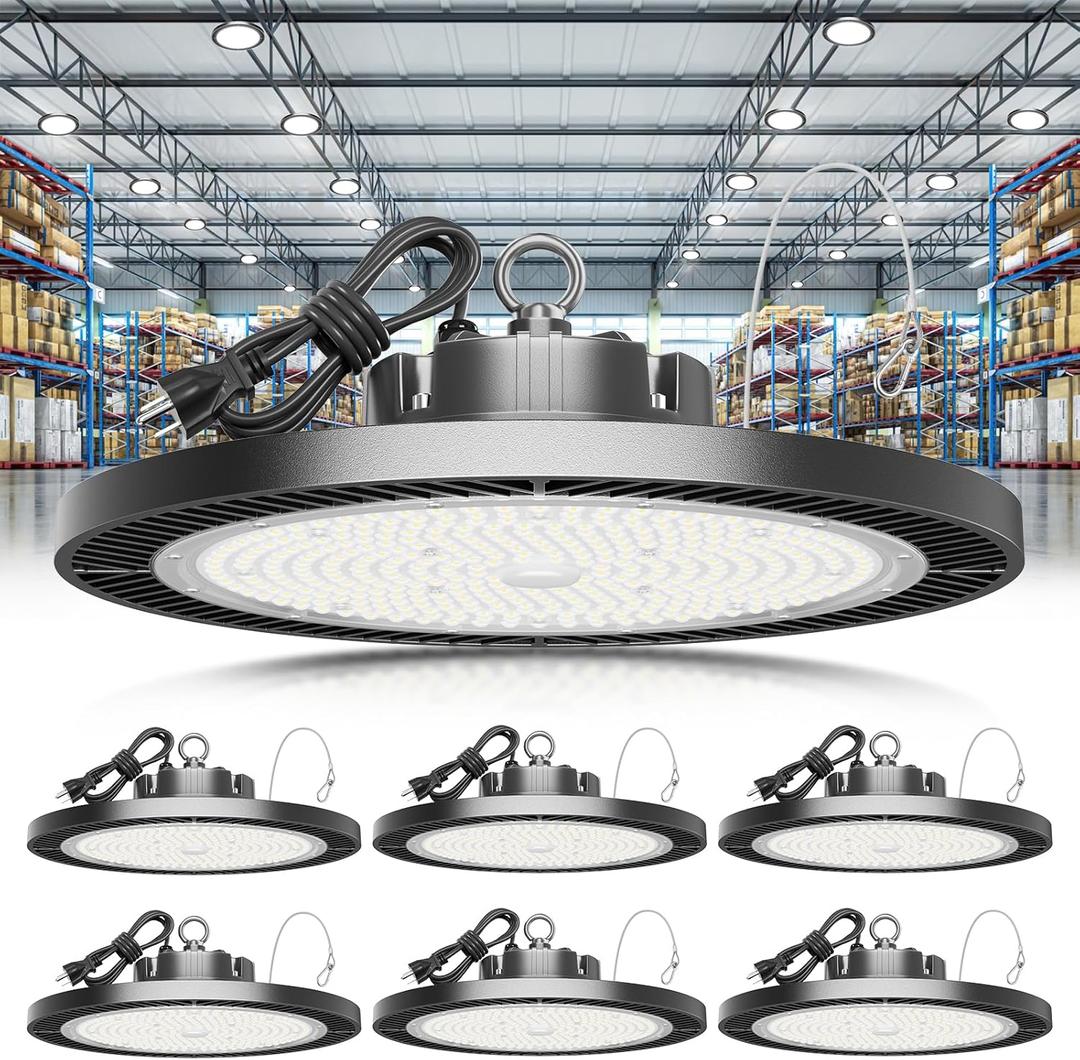 ELEKICO Super Bright 250w UFO LED High Bay Light 35000lm with Plug 5ft Cable (Eqv.1000w Mh/ Hps/ Hid), 5000k High Bay Led Shop Lights Garage Lighting for Garage Factory Workshop Warehouse Barn -6pack