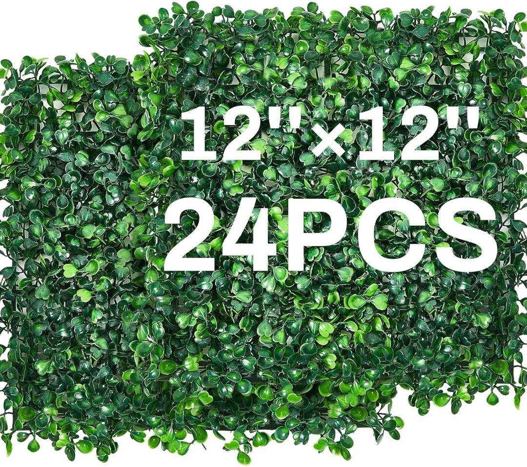 Crowye 24 Pcs 12 x 12 Inch Faux Grass Wall Panels Artificial Boxwood Panels Outdoor Privacy Screen Greenery Backdrop UV Protected Topiary Hedge Plant for Outdoor Indoor Garden Fence Backyard Decor