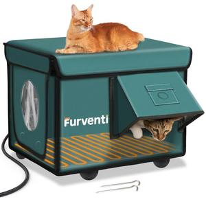 Heated Cat House for Outside with Dual Doors, Insulated Cat House Outdoor with Heating Pad, Weatherproof Heated Outdoor Cats Houses Waterrproof for Feral Cats (Deep Green, 17" L x 12" W x 13" H)