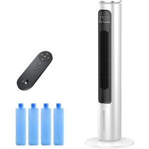 Windowless Portable Air Conditioner Ac Unit with Remote,37 Ventless Evaporative Air Cooler,Quiet Swamp Cooler for 4 Modes, Ductless Tower Fan For 12H Timer, Ice Packs for home Bedroom Indoor White