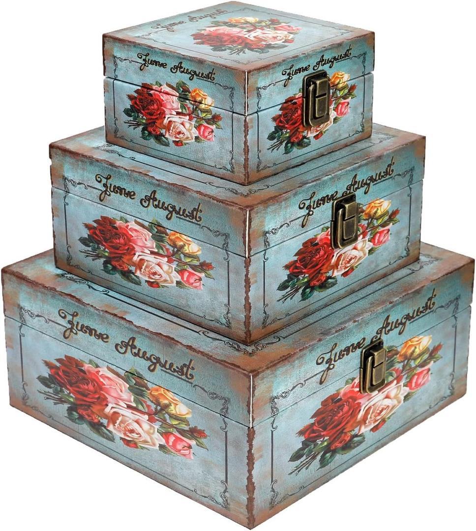 Jolitac Wood Storage Box Set of 3, Vintage Decorative Nesting Boxes Wooden Treasure Storage Crates With Latch, Home Decor Rustic Antique Boxes With Lid for Photos, Jewelry, Cash (Bloom)