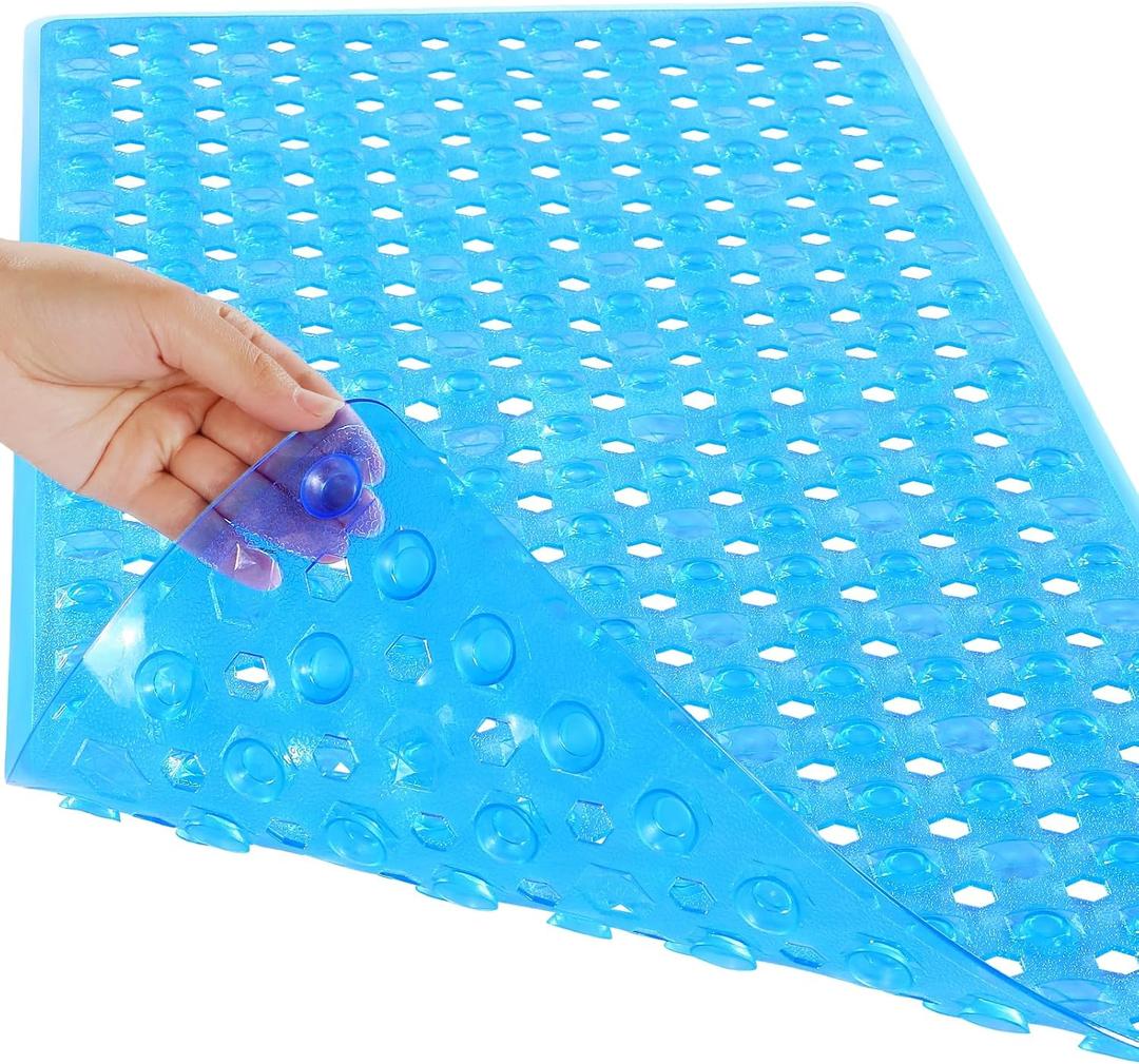 Yimobra Bathtub Mat Non Slip, 27.5"x15.5" Machine Washable Shower Floor Mat, Soft on Feet, Bathmat with Drain Holes and Suction Cups, Bathroom Essentials, Clear Blue