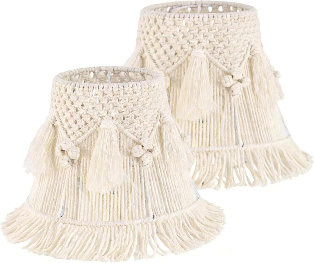 2 Pcs Boho Weave Lamp Shades with Pendant Decoration, Medium Macrame Lampshade, 7.5 x 12 x 11 inch(Spider) Bohemia Tassel Lampshades for Table & Floor Lamp - Easy Installation, Ivory-White