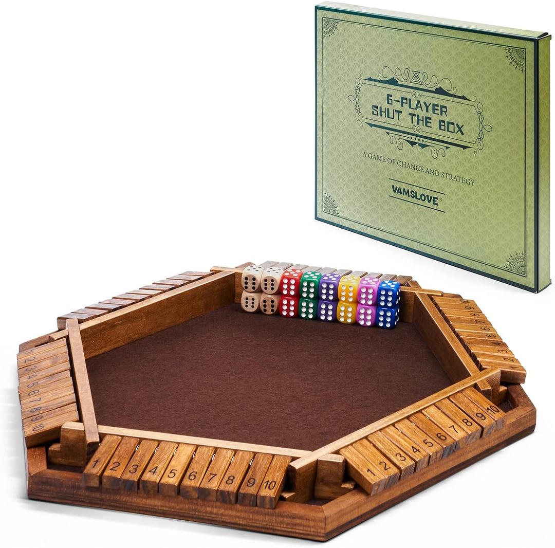 Vamslove Shut The Box Dice Game Wooden Board (L15 x W13) for 1 2 3 4 5 6 Player, 6 Sided 10 Numbers Math Games with 16 Dices for Kids Adults(Instructions Included)