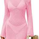 Saodimallsu Womens Swimsuit Cover Up Long Sleeve Sheer Mesh Knit Mini Dress Backless Tie Summer Beach Vacation Outfits (Small, Pink)