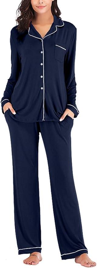 Aamikast Women's Pajama Sets Long Sleeve Button Down Sleepwear Nightwear Soft Pjs Lounge Sets, Size : L