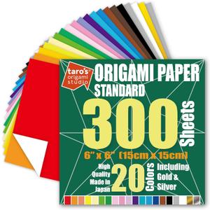 [Taro's Origami Studio] Standard 6 Inch One Sided 20 Colors 300 Sheets Square Easy Fold Premium Japanese Paper for Beginner (Gold and Silver Included) Made in Japan