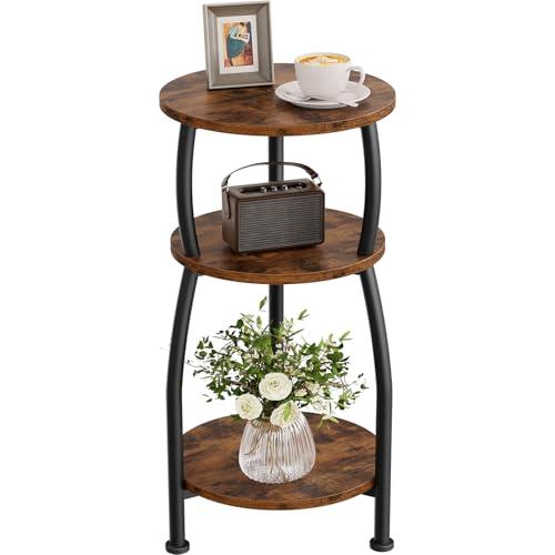 Yuede Small Round Side Table, 3-Tier End Table with Storage Shelf, Slim Coffee Table for Small Spaces, Industrial Sofa Table Used for Narrow Gaps in Living Room & Bedroom, Rustic Brown
