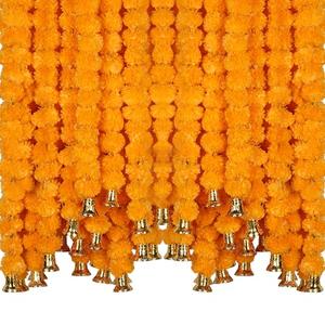 Marubhumi 5-PC Artificial Marigold Flower Garland – 4.5 Feet Long Strands with Bells | Mango Color | Diwali, Wedding, Home, and Christmas Décor