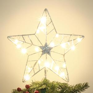 YEAHOME Christmas Tree Topper, Silver Glittered Hollow 5-Point Star Tree Topper for Christmas Tree Decorations, Lighted Wire Star with 20 LED Lights for Christmas Treetop, Xmas Tree Topper with Timer