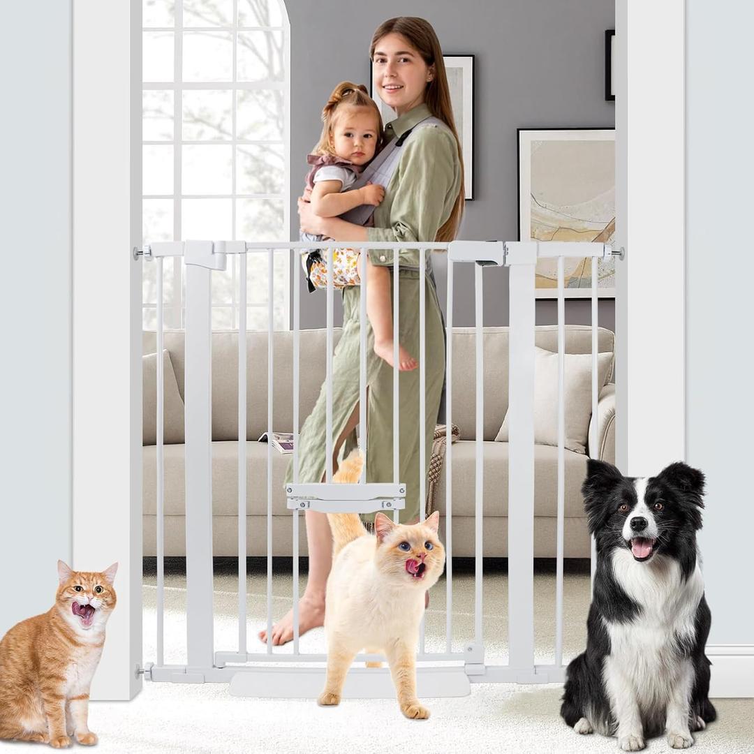 37 Inch Tall Baby Gate with Cat Door, Adjustable 29.55" and -40.55" Wide Auto Close Dog Gate Pressure Mounted Safety Pet Gate for Stairs, Doorway, House (White)