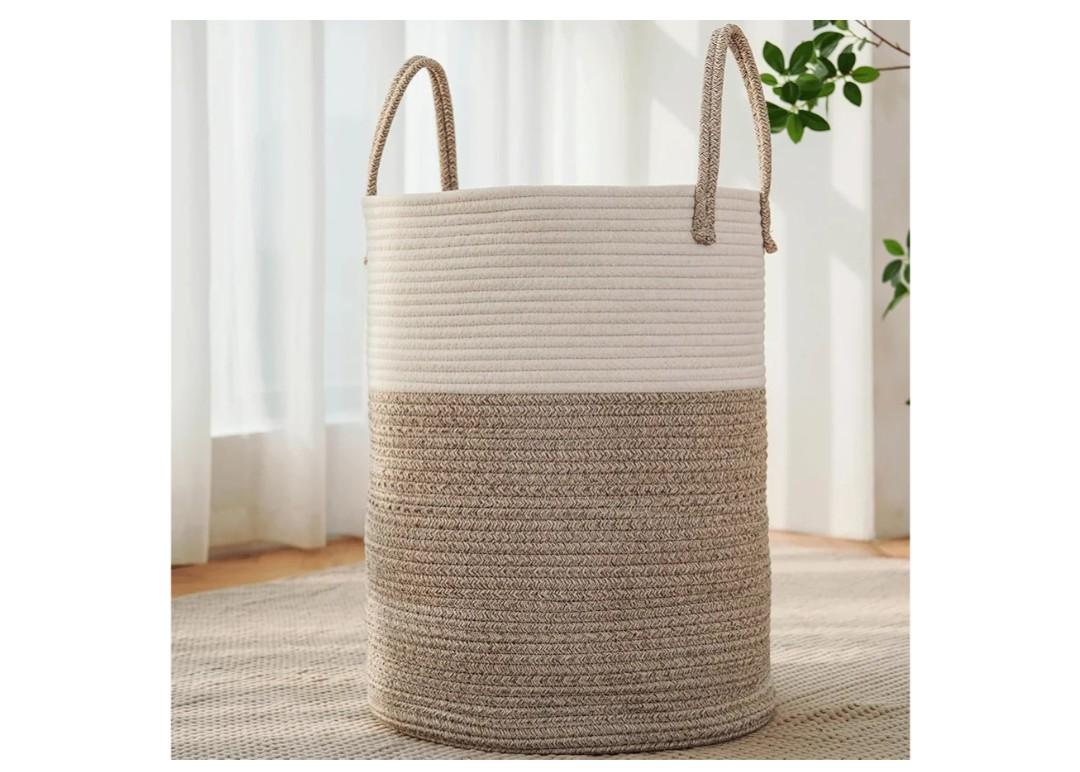 JMvicyroam Large Woven Laundry Basket Hamper,60L Cotton Rope Storage Bin for Blankets,Toys and Clothes,Decorative Tall Nursery Hamper for Living Room,Baby Nursery,Bathroom and Bedroom,Brown