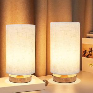 Small Bedside Table Lamp for Bedroom set of 2,Minimalist Wood Base & Round Fabric Shade,Mini Cute Cozy Warm Nightstand Boho Lamp set, Study Desk Night Stand Light for Room, Dorm,Nursery,Living Room
