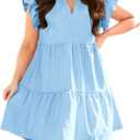 Fisoew Plus Size Dresses for Women Summer Ruffle Short Sleeve V Neck Dress Tiered Swing A Line Babydoll Mini Dress, 4xl, Blue