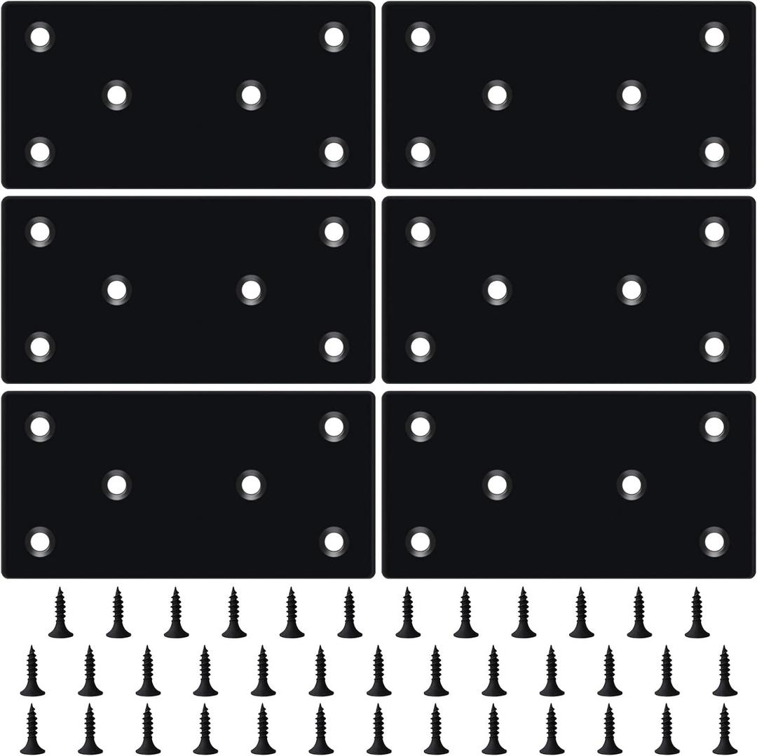 6PCS 3.11 x 1.57 inch Black Flat Mending Plate, Metal Bracket with Holes, Straight Steel Brace Fixing Joining Plate for Wood with 36PCS Screws