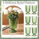 6 Pcs (H:7" W:4") Embossed Flower Vase Pedestal Glass Vase Big Base Thickened Crystal Vintage Vases for Valentines Day Wedding Home Decor Table Centerpiece House Warming Gifts(Green)