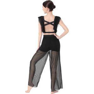 Lyrical Dance Dress for Women 2PCS Chiffon Cross Back Crop Top Ballet Leotard Shorts Mesh Sheer Pants Dance Outfits (Medium, Black (2pcs))