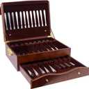 Silverware Storage Box,2 Layers Wooden Silverware Chest with Drawer,Silverware Case with Handle and Felt Lined,15.35" x 11.41" Flatware and Utensil Organizer for Kitchen,Black(Flatware Not Included)