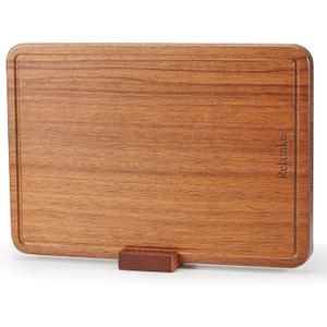 Solid Teak Wood Cutting Board One Piece Non Glued Thick Crack Resistant Wooden Chopping Board with DeepJuice Grooves Built in Handles for Kitchen Meat Vegetables Chese 14 X 9.5 Inch (Large)
