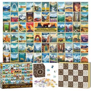 National Park Puzzle Advent Calendar 2025 Adults Teen, 1008 Pieces Coutdown to Christmas Calendar with 63 Travel Poster Landscape Jigsaw Puzzle Xmas Surprise Gifts for Family Friends