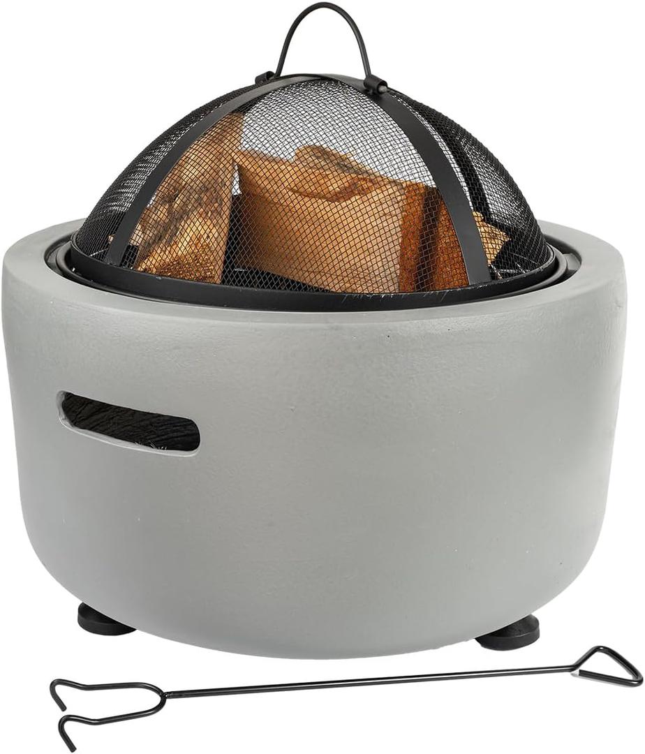 Barton 18" Round Concrete Charcoal Wood Burning Fire Pit, Magnesium Oxide Spark Screen, Fireplace Poker, Grate, BBQ Grill Firepit Charcoal Grill
