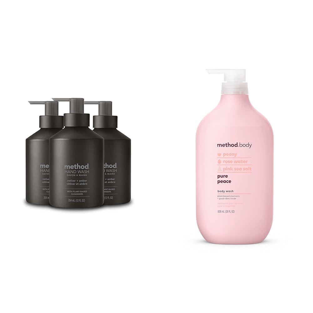 Method Gel Hand Soap, Vetiver + Amber, Reusable Black Aluminum Bottle, Biodegradable Formula, 12 oz & Body Wash, Pure Peace, Paraben and Phthalate Free, 28 oz