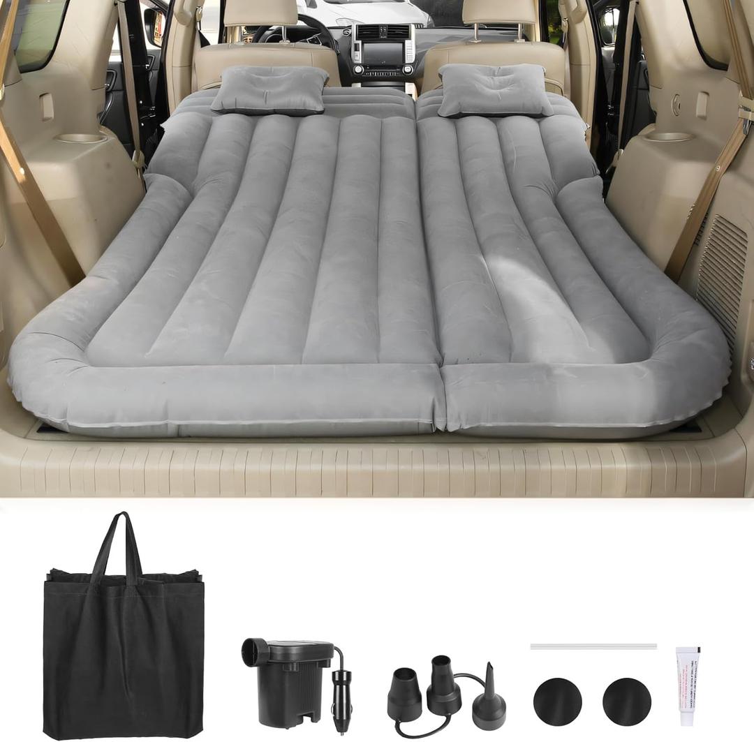 Suv Air Mattress, Car Mattress, Truck Bed Mattress, Car Camping Mattress with 6 Separate Chambers, Inflatable Car Bed with 2 Pillows & Electric Pump, Thickened and Double-Sided Flocking (Grey)