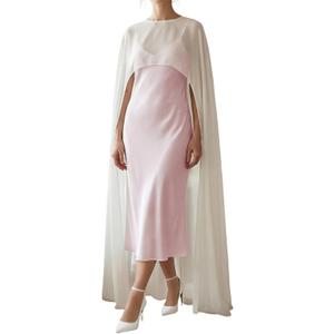 Women Chiffon Long Cape High Low Flowy Poncho Sheer Mesh Shawl and Wraps Capelets Bridal Wedding Evening (One Size, White)