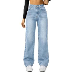 FUNUCA Straight Leg Jeans for Women, High Waisted Wide Leg Loose Microelastic Boyfriend Denim Pants A-Blue, M