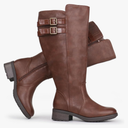 Women's Extra Wide Calf Block Heel Stacked Buckle Hidden Stretch Knee High Boots.6
