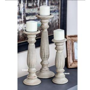 3 x Wood Candle Holders (Set of 3) Hand Carved Decorative Candle Holders for Living Room, Table Centerpiece, from Wood, White wash Finish - 12", 15", 18"