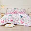 Mooreeke Twin Size Comforter Sets for Girls Kids, 6 Pieces Bed in a Bag Flower and Cat Bedding Comforter Sheet Set with Shams and Decorative Toy Pillow, Ultral Soft Microfiber Kids Bed Set