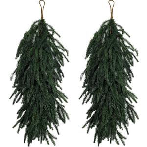 2 Pcs Christmas Swag - 27 Inch Teardrop Swag with Artificial Pine Needles Greenery Swags for Xmas Front Door Staircase Window Wall Mantel Decor - Dark Green