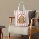 KEUSPI Christmas Tree Gingerbread House Tote Bag for Women, Preppy Christmas Canvas Tote Bag, Pink and White Striped Xmas Ginger Bread Reusable Shopping Grocery Bags