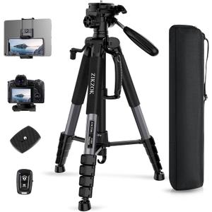 75" Camera Tripod, Heavy Duty Aluminum Camera Stand for ipad Phone, Travel Tripod with Remote/Carry Bag/Phone Tablet Holder, Compatible with DSLR, Spotting Scopes, Max Load 15 Lb (Grey)
