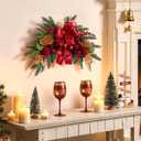 Alupssuc 24" Christmas Swag for Front Door Teardrop Decoration with Bows,Xmas Balls,Red Magnolia,Berries, Pine Cone for Indoor Outdoor Swags Wall Window Table Mantel Home Holiday Hanging Decor,1 PCS