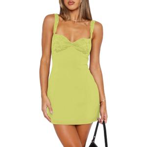 Summer Mini Dresses for Women Sleeveless Sexy V Neck Backless Lace Splicing Cocktail Party Straps Bodycon Dress (Yellow, S)