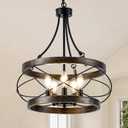 5-Light Farmhouse Chandelier, 17.72" Rustic Drum Dining Room Light Fixture, Bronze Chandeliers Hanging Pendant Lighting, Industrial Candle Chandeliers for Living Room Kitchen Entryway Bedroom, 17.72"【E12】