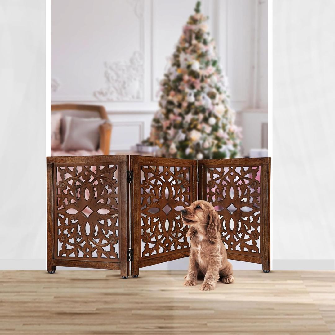 Lightnpro Wooden Pet Gate - Decorative Carved Foldable Dog Gate, Extra-Wide Freestanding Indoor Safety Fence for Small Dogs, Perfect for Stairs, Hallways & Home Dcor - 24x54 Inch Natural Burnt