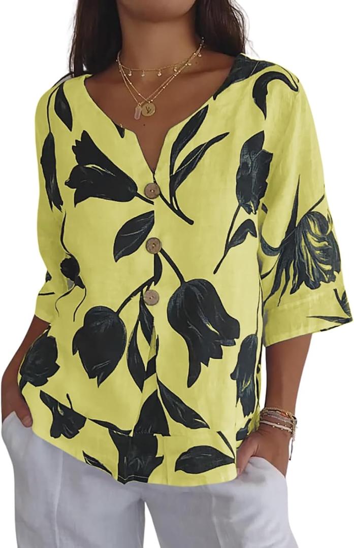 Womens 3/4 Length Sleeve Tops Dressy Casual V Neck Boho Floral Print Summer Blouses Shirts (Yellow, S)