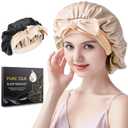 Silk Bonnet for Sleeping Women, 22 Momme 100% Mulberry Silk Sleep Cap, Double-Layer Reversible Silk Hair Wrap for Women & Night Hair Care, Fits All Hair Types - Champagne