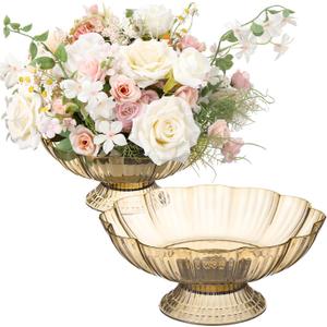 Kathfly 2 Pcs Plastic Gold Fruit Bowl Flower Vase 9.8 x 4 Inch Vintage Wedding Centerpieces Vase Table Decoration Flower Arrangement Planter for Dining Home Anniversary Ceremony Decoration
