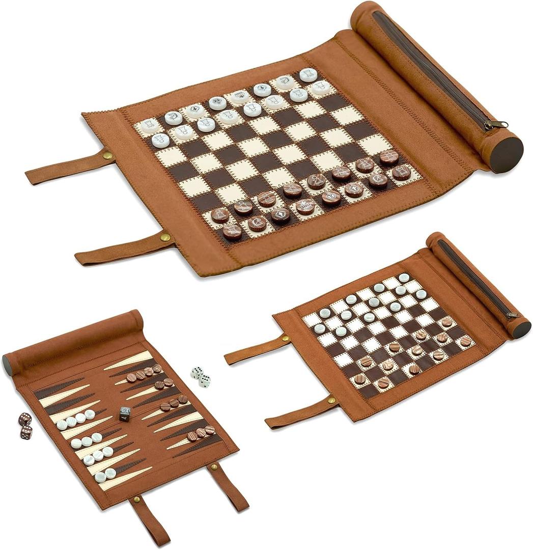 Woodronic 3 in 1 Backgammon Chess Checkers Set, Roll Up Travel Game Set for Adults and Kids, Brown, 13'' x 10''