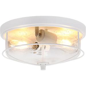 Flush Mount Modern Outdoor Ceiling Light with Seeded Glass Shade, 2-Light White Metal Cage Lights for Porch, Hallway, Kitchen, Dining Room, Entryway